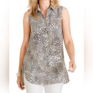 Chico's Sleeveless 100% Linen Button Front Leopard Print Top Size 16/18